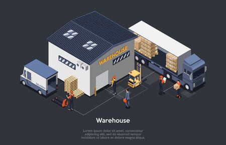 Isometric Warehouse Concept. On Time Delivery Home And Office. Delivery Truck, Work Staff, Manager Controls Process Of Loading and Unloading Cargo. Work Process On Warehouse. Vector Illustrationのイラスト素材