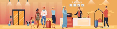 Hotel Service And Staff Concept. Visitors In A Queue In a Hotel. Porter is Carrying Luggage On the Trolley. Receptionist Gives The Keys From Apartments To The Guest. Cartoon Flat Vector illustrationのイラスト素材