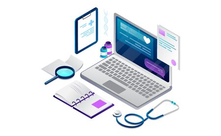 Isometric Concept Of Online Healthcare and Medical Consultation. Laptop With Cardiogram On The Screen, Note Cards, Stethoscope. Online Medical Appointment And Diagnosis. Cartoon Vector Illustrationのイラスト素材
