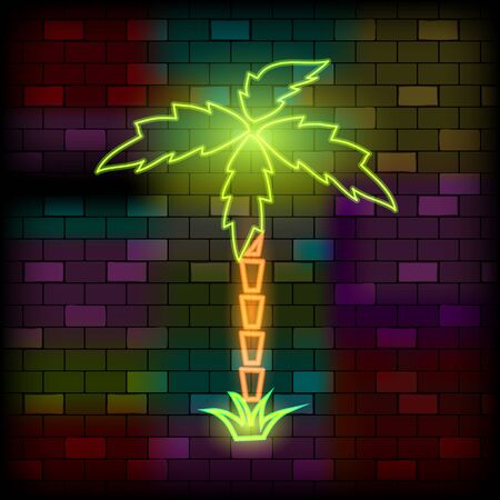 Vip Neon Icons. Night Bright Signboard, Glowing Light Banner. Neon Palm Tree on The Dark Brick Wall Background. Neon Lighting Club or Bar Concept on Dark Background. Flat Vector Illustrationのイラスト素材