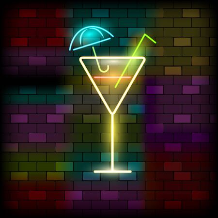 Vip Neon Icons. Night Bright Signboard, Glowing Light Banner. Neon Umbrella Cocktail on The Dark Brick Wall Background. Neon Lighting Club or Bar Concept on Dark Background. Flat Vector Illustrationのイラスト素材