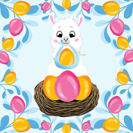 Happy Easter Concept. Cute White Lamb With Golden Easter Egg, Paschal Egg Ornament Of Multicolored Eggs on The Background Of Blue Tones. Holiday Best Wishes. Cartoon Flat Style. Vector illustrationのイラスト素材
