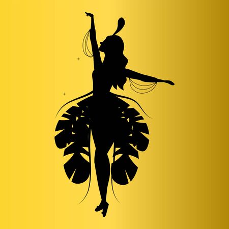 Brazil Carnival Concept. Black Silhouette Of Girl In Carnival Costume On Golden Background. Beautiful Carnival Woman Wearing a Festival Costume is Dancing. Cartoon Flat style. Vector illustrationのイラスト素材