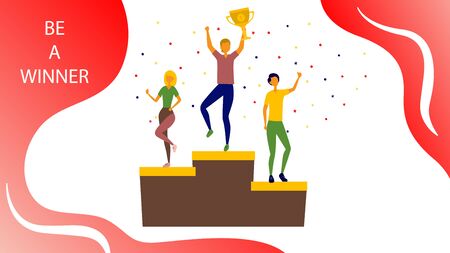 Concept Of Competitions, Challenge. Male And Female Characters Are Standing on the Prize Podium. People Stand on the Podium First, Second and Third Place. Cartoon Flat style. Vector illustration.のイラスト素材