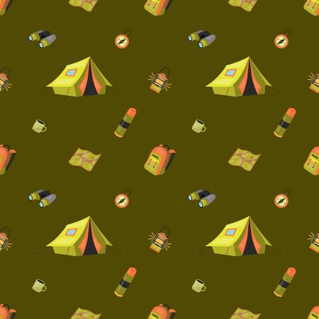 Camping Seamless Pattern Concept. Set of Equipment And Tools For Professional Camping And Good Time With Symbols and Icons. Summer Camp Seamless Pattern. Cartoon Flat style. Vector illustrationのイラスト素材