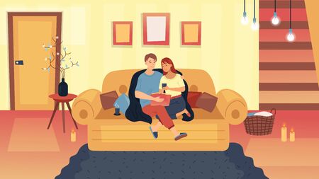 Family Leisure Concept. Happy Young Couple Man And Woman Are Sitting On The Sofa Hugging Each Other. People Relax And Read Book At Home, Have A Good Time. Cartoon Flat Style. Vector Illustration.のイラスト素材