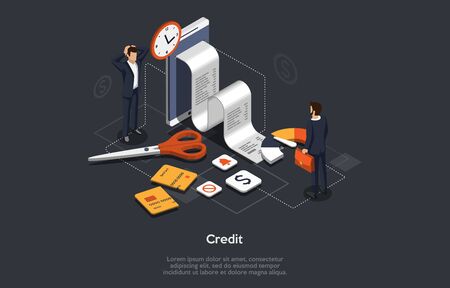 Isometric Bank Credit Concept. People Take Out A loan. Financial Collapse. Bank Manager Check Customer s Creditworthiness. Bank Takes A Decision And Changes Credit Card. Cartoon Vector Illustration.のイラスト素材