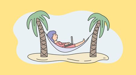 Freelance Work, Brainstorm And Self-Employment Concept. Busy Freelance Young Woman Or Freelancer Is Working On Laptop Lying Down In Hammock. Cartoon Linear Outline Flat Style. Vector Illustrationのイラスト素材