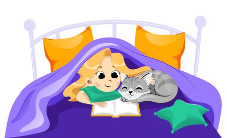 Animal Shelter, Animal Adoption, Care, Friendship Concept. Happy Little Girl Child With Cat Under The Blanket Are Reading. Children Friendship And Care Of Animal. Cartoon Flat Vector illustrationのイラスト素材