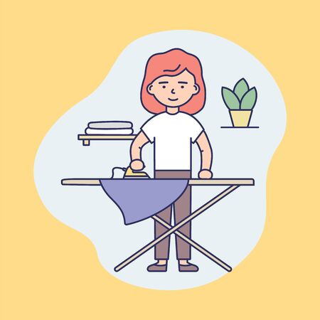 Concept Of Professional Cleaning Service, Housework. Woman Cartoon Character Is Iron Clothes At Home. Happy Girl Do Housework On Abstract Background. Cartoon Outline Linear Flat Vector Illustrationのイラスト素材