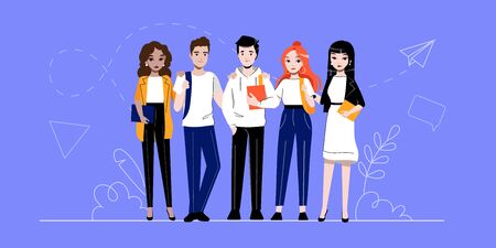 Creativity, Brainstorming, Innovation And Teamwork Concept. Group Of Successful Business Adherents People Or Students Is Standing In A Row Together. Cartoon Linear Outline Flat Vector Illustrationのイラスト素材