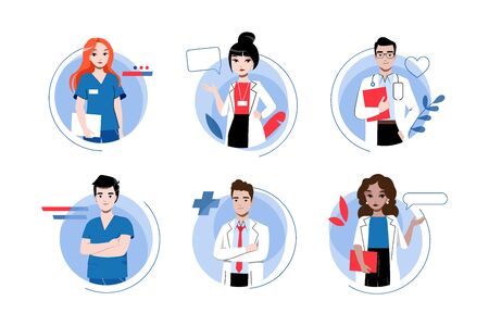 Healthcare And Medicine Concept. Team Of Doctors In Uniform Men And Women Icons Set. Medical Officers Are Ready To Consult And Treat Patients. Cartoon Linear Outline Flat Style. Vector Illustrationのイラスト素材