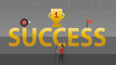 Success Concept. Man Is Scoring Success, Climbing Ladder. Leadership and Brainstorming For New Brand to Achieve Successful Business Results. Big Letters With Cup And Target. Flat Vector Illustration.のイラスト素材