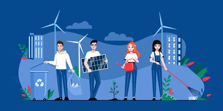 Eco City Concept. Volunteers Work Together, Recycle Waste, Control Pollution of Planet, Use Alternative Energy Source, Planting Plants, Clean Streets. Cartoon Linear Outline Flat Illustrationのイラスト素材