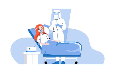 Global Epidemic Concept. Hospital Worker In Virus Disposable Coverall Clothing Medical Protective Suit Near Infected Patient Connected To Ventilator. Cartoon Linear Outline Flatのイラスト素材
