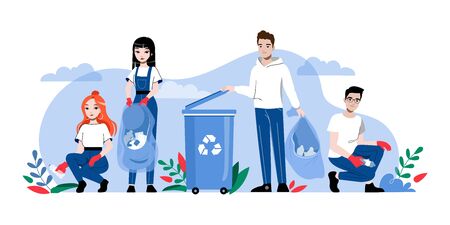 Concept Of Zero Waste And Recycling, Save Planet. Characters Clean Street Of Trash And Put It Into Container. People Are Pick Up And Sorting Garbage. Cartoon Linear Outline Flat Illustrationのイラスト素材