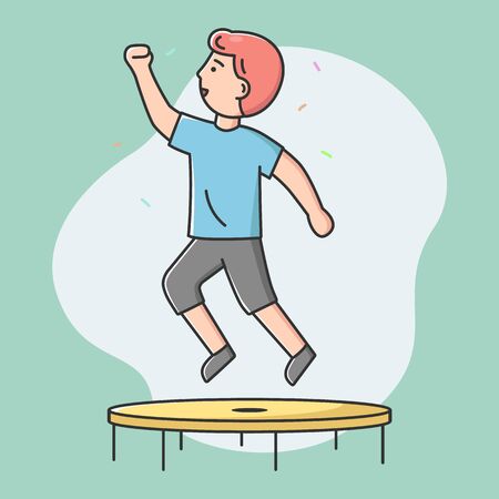 Concept Of Entertainments, Leisure. Happy Boy Is Jumping On Trampoline. Outdoors, Fitness Center, Summer Time Attraction, Leisure, Sports Acrobatics. Cartoon Linear Outline Flat Vector Illustration.のイラスト素材