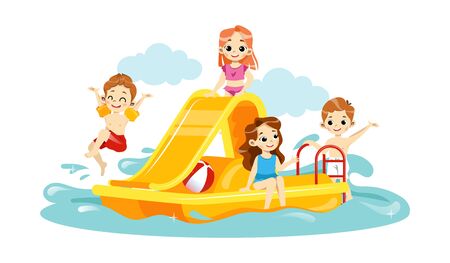 Concept Of Leisure In Aquapark. Happy Cheerful Children Are Playing Together On Water Slide. Kids Are Playing And Enjoying at Waterpark During Summer Vacations. Cartoon Flat Style Vector Illustrationのイラスト素材