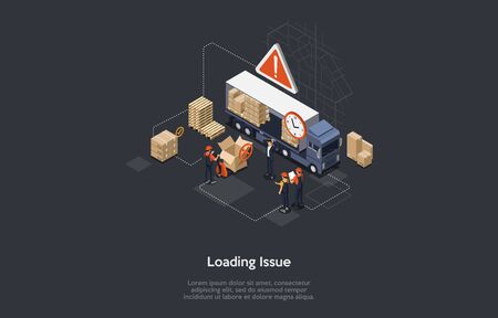 Isometric Concept Of Warehouse Loading Issue. Manager Controls Process Of Loading And Unloading Goods, Follow Deadlines To Avoid Issues With Delivery, Packaging and Storage Cargo. Vector Illustrationのイラスト素材