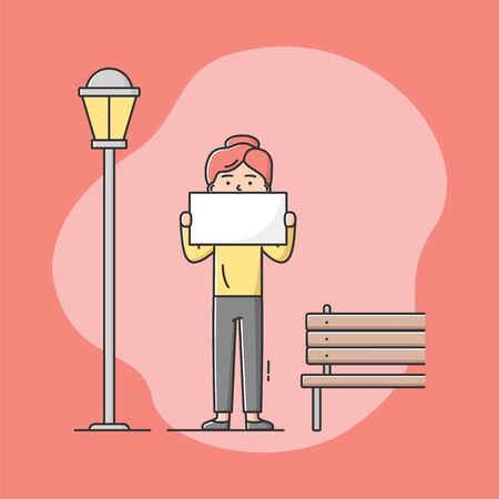 Demonstration Speech, Political Freedom Concept. Dissatisfied Woman Is Complaining, Striking And Protesting Outdoor Holding Protest Banner Or Tablet. Cartoon Linear Outline Flat Vector Illustration.のイラスト素材