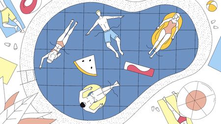 Concept Of Summer Vacations. Happy People Relaxing In The Pool During Vacations. Male And Female Characters Lay In The Sun On Air Mattresses And Rubber Rings In Pool. Cartoon Flat Vector Illustrationのイラスト素材