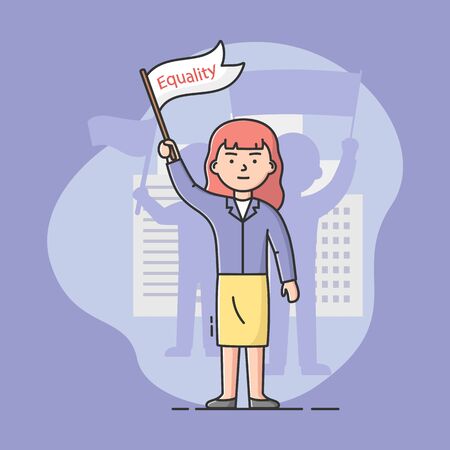 Concept Of Mass Protest Action, Gender Equality. Dissatisfied Young Woman Strike, Defends Her Rights. Girl Holding Protest Banner With Equality Sign. Cartoon Linear Outline Flat Vector Illustrationのイラスト素材