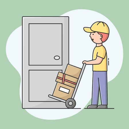 Concept Of Fast Delivery Service. Courier Carrying Cart With Cardboard. Man Is Deliver Packages To Customers Door On Cart. Worker In Uniform. Cartoon Linear Outline Flat Style. Vector Illustration.のイラスト素材