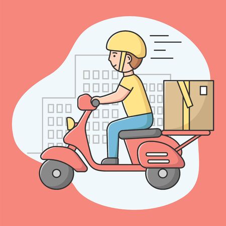 Concept Of Fast Delivery Service. Courier Is Transporting The Package. Man Is Deliver Packages To Customers By Motorbike. Worker In Uniform. Cartoon Linear Outline Flat Style. Vector Illustration.のイラスト素材