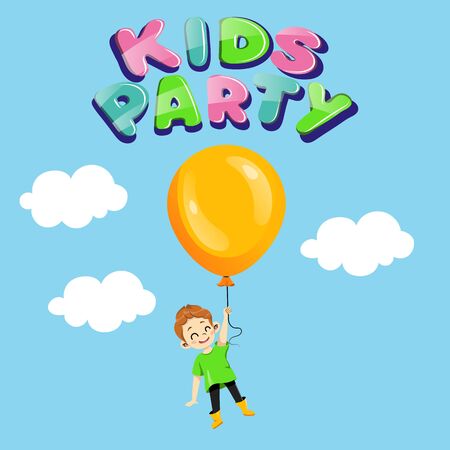 Kids Party, Children Holiday Invitation Concept. Happy Teenager Boy Flying On Helium Balloon Among the Clouds. Birthday Party Invitation. Kids Event Template. Cartoon Flat Style. Vector Illustration.のイラスト素材