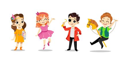 Concept Of Animated Kids Party. Happy Children In Different Costumes Of Heroes Are Standing In Row. Kids Imaginate Themselves Of Superheroes And Play Together. Cartoon Flat Style. Vector Illustrationのイラスト素材