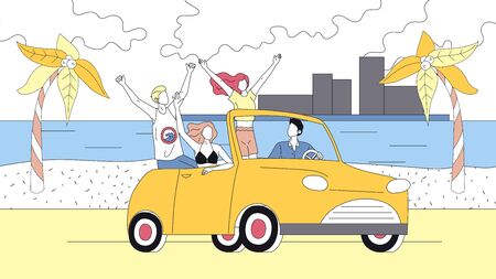 Concept Of Summer Holidays. Happy Friends Travel By Car On Summer Vacations. People Enjoy Driving Cabriolet. Male And Female Characters Travel. Cartoon Linear Outline Flat Style. Vector Illustrationのイラスト素材