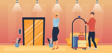 Professional Hotel Service And Staff Concept. Porter is Escorting Business Woman To The Room And Carrying Luggage On The Cart. Busy Lady Speaks On Mobile Phone. Cartoon Flat Style Vector illustrationのイラスト素材