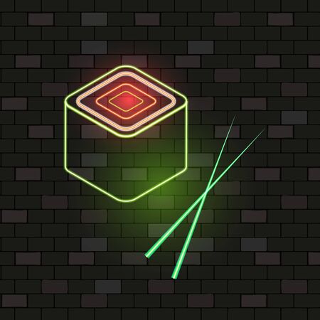 Concept Of Neon Icons Advertising, Sushi Icon With Chopsticks. Cute Vip Neon Sushi With a Stuffing, Seafood, Japan Food, Light Emblem On The Dark Brick Wall Background. Flat Style Vector Illustration.のイラスト素材