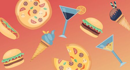Concept Of Fast Food Menu. Set Of Fast Food Meal With Pizza, Hotdog, Classic Cheese Burger, Hamburger, Tasty Ice cream And Fresh Cocktails. Unhealthy Junk Food. Cartoon Flat Style Vector Illustration.のイラスト素材
