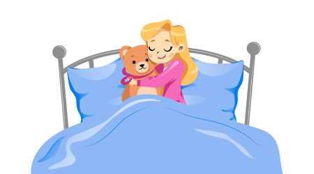 Concept Of Childhood. Young Happy Girl Lying With Teddy Bear In A Bed. Girl Is Hugging Toy Lying On The Bed Under Blanket. Brown Teddy Bear With Pink Ribbon. Cartoon Flat Style. Vector Illustration.のイラスト素材