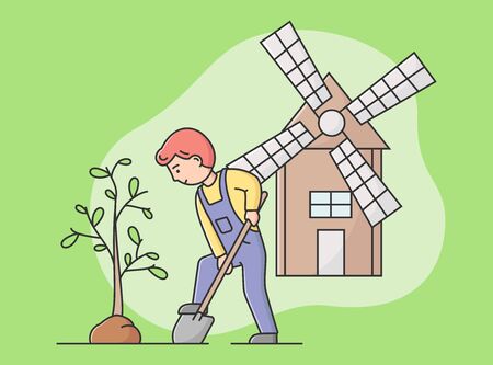 Gardening Concept. Man Is Gardening, Planting And Take Care Of Plants. Gardener Is Digging Soil And Planting Trees On The Farm With Windmill. Cartoon Linear Outline Flat Style Vector Illustration.のイラスト素材