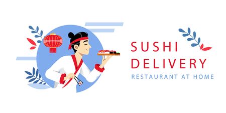 Sushi Order Online And Delivery Concept. Website Landing Page. Chef Has Cooked Rolls And Nigiri. Man Cooking Tasty Meal. Advertisement For Sushi Restaurant. Web Page Cartoon Flat Vector Illustration.のイラスト素材