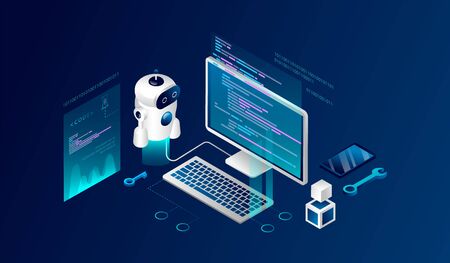 Isometric 3D Robotics Course Concept. Modern Robot Connected To Personal Computer. Possibility Of Control, Programming, Engeneering And Experimenting Of Education Project. Cartoon Vector Illustrationのイラスト素材