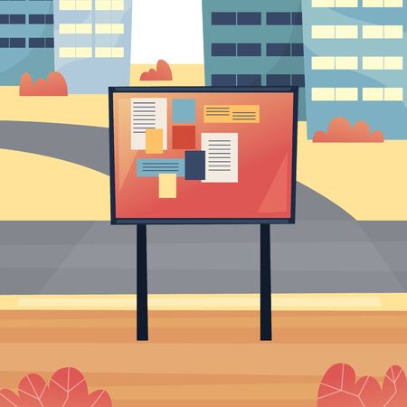 Urban Public Place For Posting And Reading Announcements On The Bulletin Board. Possibility Of Adding And Posting Notes On Bulletin Board. Cityscape Background. Cartoon Flat Style Vector Illustrationのイラスト素材