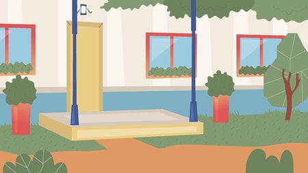 Concept Of City Life, Residential Building. Entrance In Townhouse Or Apartment Building With landscape Design With Trees And Bushes Without People. Porch Of House. Cartoon Flat Vector Illustrationのイラスト素材