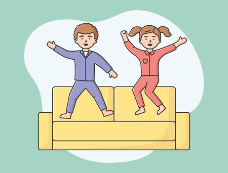 People Home Pastimes Concept. Characters Spending Time At Home. Young Girl And Boy Are Having Pajamas Party. Couple Jump On The Sofa At Night. Cartoon Outline Linear Flat Style. Vector Illustrationのイラスト素材