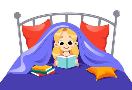 Concept Of Children Creativity, Self Education And Development. Young Girl Teen Reading Book Lying On The Bed. Girl Reading book Peeping Out From Under The Blanket. Cartoon Flat Vector Illustrationのイラスト素材
