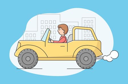 Concept Of Air Pollution By Exhaust Emission, Environmental Protection. Man Riding Car In The City Street. Smoke Is Going Out From Exhaust Pipe Of Car. Cartoon Linear Outline Flat Vector Illustrationのイラスト素材