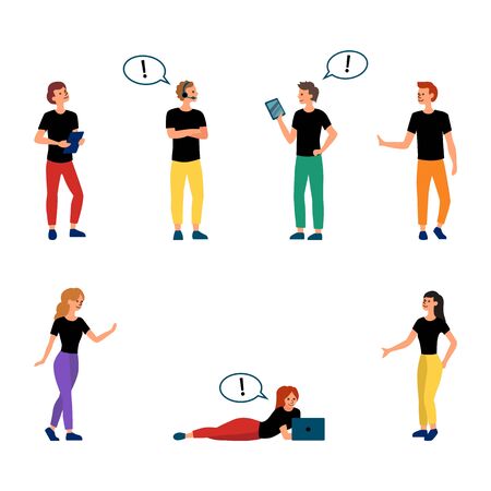 Creativity And Teamwork Concept. Collection of Business People With Gadgets. Set Of Group Of Young Business People Communicating To Each Other. Cartoon Linear Outline Flat Style Vector Illustration.のイラスト素材