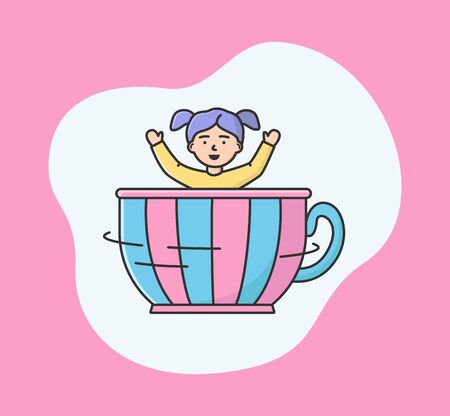 Attractions Park Concept. Happy Girl Ride Carousel In Entertainment Park. Kid Spending Time At Amusement Park, Riding In Big Cup With Hands Up. Cartoon Linear Outline Flat Style. Vector Illustrationのイラスト素材