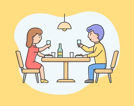 Concept Of Romantic Relationships. Man Woman Have Romantic Dinner. People Eating In Restaurant. Couple in love Have Romantic Date Together. Cartoon Linear Outline Flat Vector Illustrationのイラスト素材