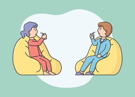 Concept Of Togetherness Leisure. Man And Woman Spending Time Together. Characters Communicate, Sitting On Pouffes And Drink Tasty Beverages. Cartoon Linear Outline Flat Style. Vector Illustration.のイラスト素材