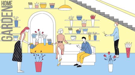 Flower Shop Concept. People Choose Beautiful Bouquets In Florist Store. Male And Female Characters Take Care Of Plants And Make Garden At Home. Cartoon Linear Outline Flat Style Vector Illustration.のイラスト素材