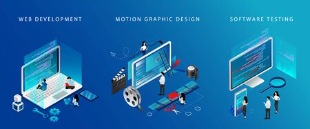 Isometric 3D Web Development, Video Edit And Software Testing Concept. Tiny Characters Work On Laptops Test Software, Edit Video And Develop New Web Technologies. 3D Cartoon Vector Illustrations Set.のイラスト素材