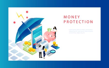Isometric Money Protection Concept. Moneybox With Gold Coins, Business People, Investor, Smartphone And Umbrella Like Shield. Website Landing Page. Web Page Cartoon Linear Outline Vector Illustration.のイラスト素材